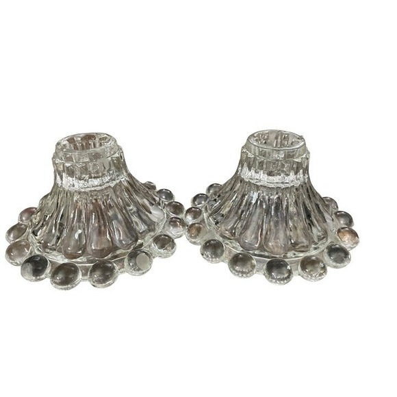 Other - Set of 2 Clear Glass Vintage Candle Holders with Beaded Rims